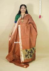 Copper Brown - Handmade jute tussar silk saree with handblock prints
